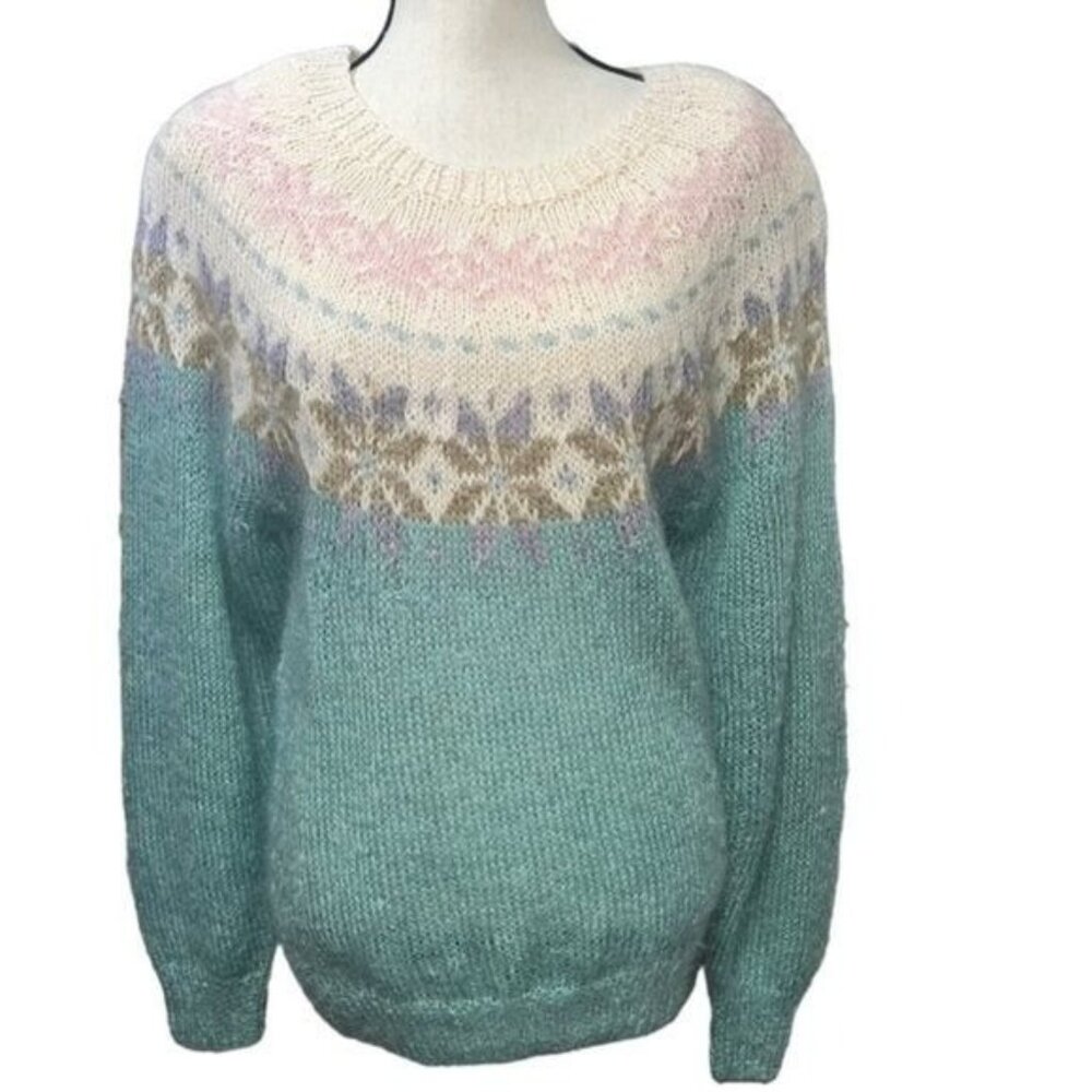 Studio Michelle Stuart Sweater Womens M Teal Mohair Wool Blend Hand Knit Nordic